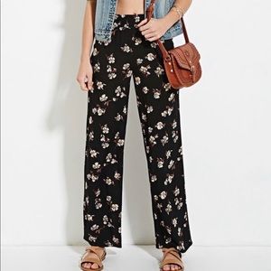 Forever 21 Black Floral Wide-Leg Pants with Cream & Brown Blooms